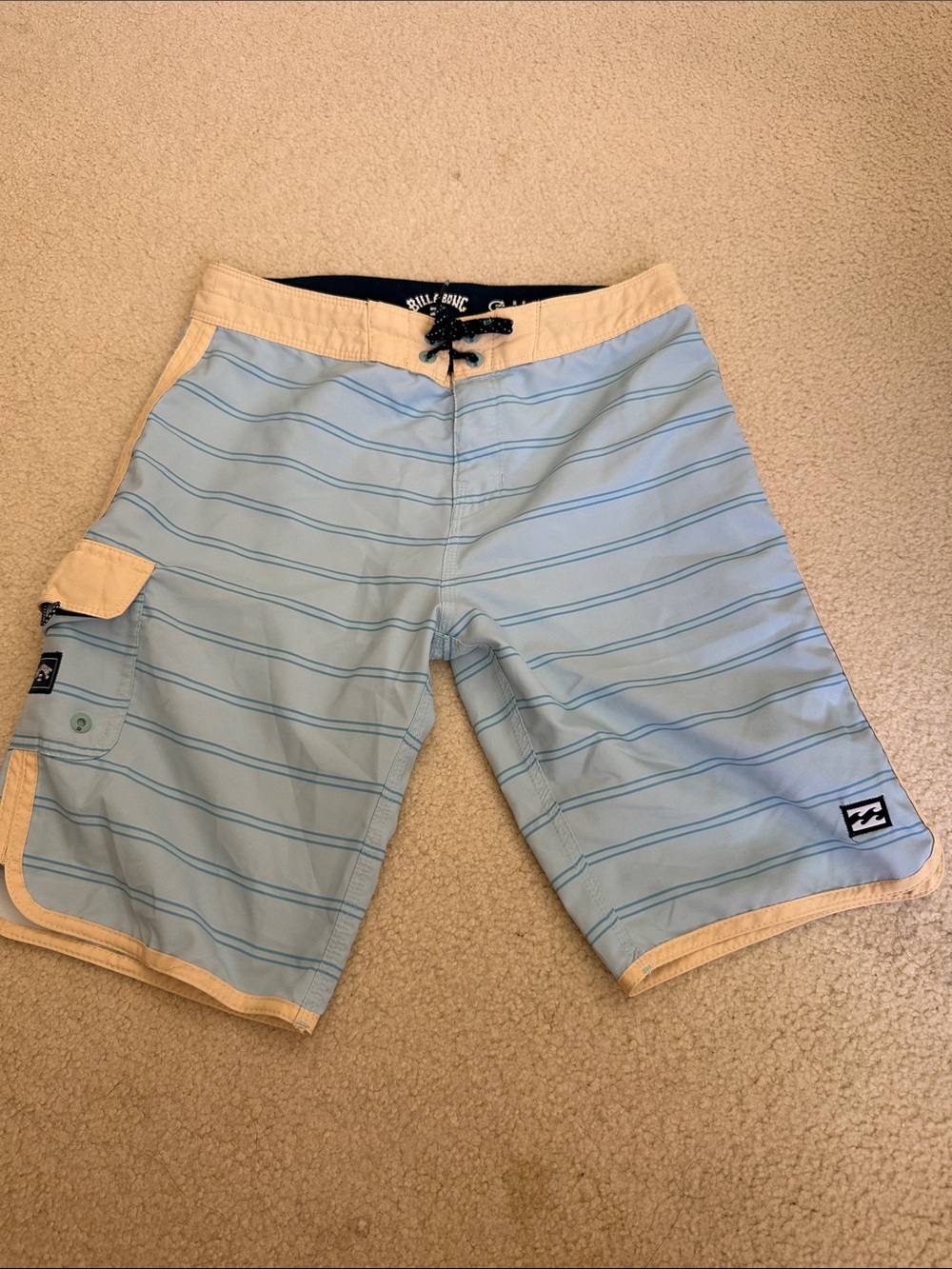 Billabong Light Blue Striped Cargo Boardshorts with Tan Trim